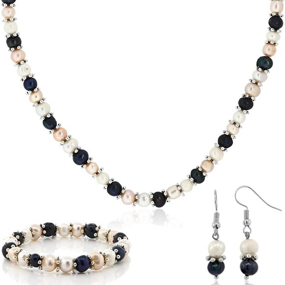 Jewelry - New Gem Stone King Multi-Color Cultured Freshwater Pearl Necklace Earrings Brace